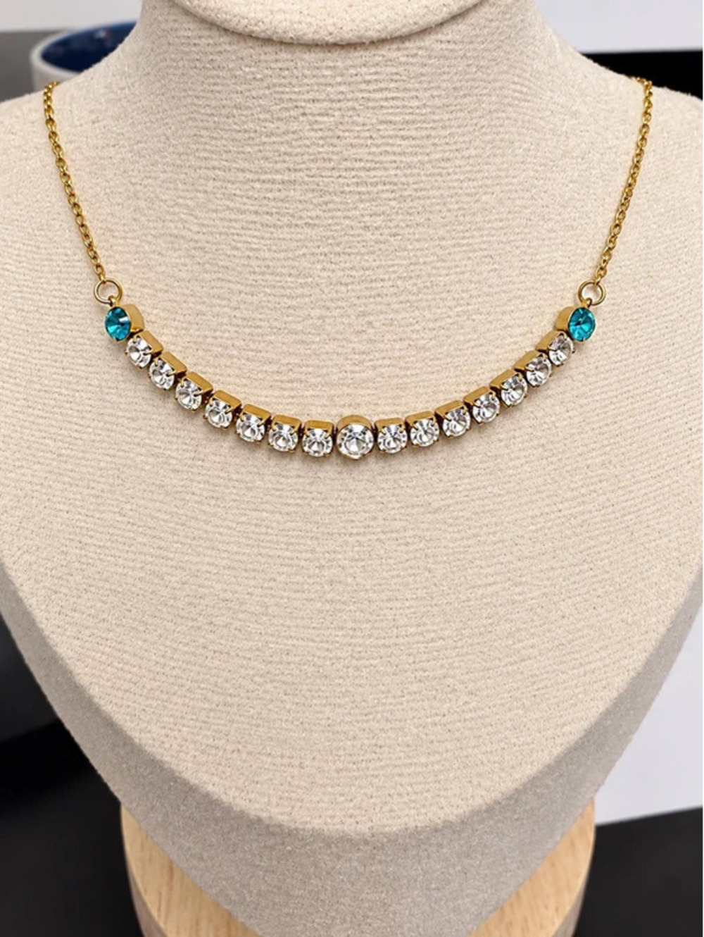 14K Gold Plated Crystal Necklace Teal Rhinestone Choker Dainty Blue Gift for her
